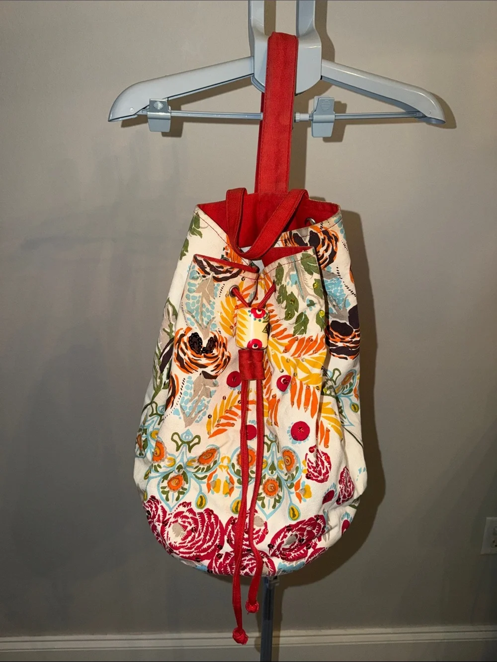 Floral Drawstring Backpack with Red Trim
